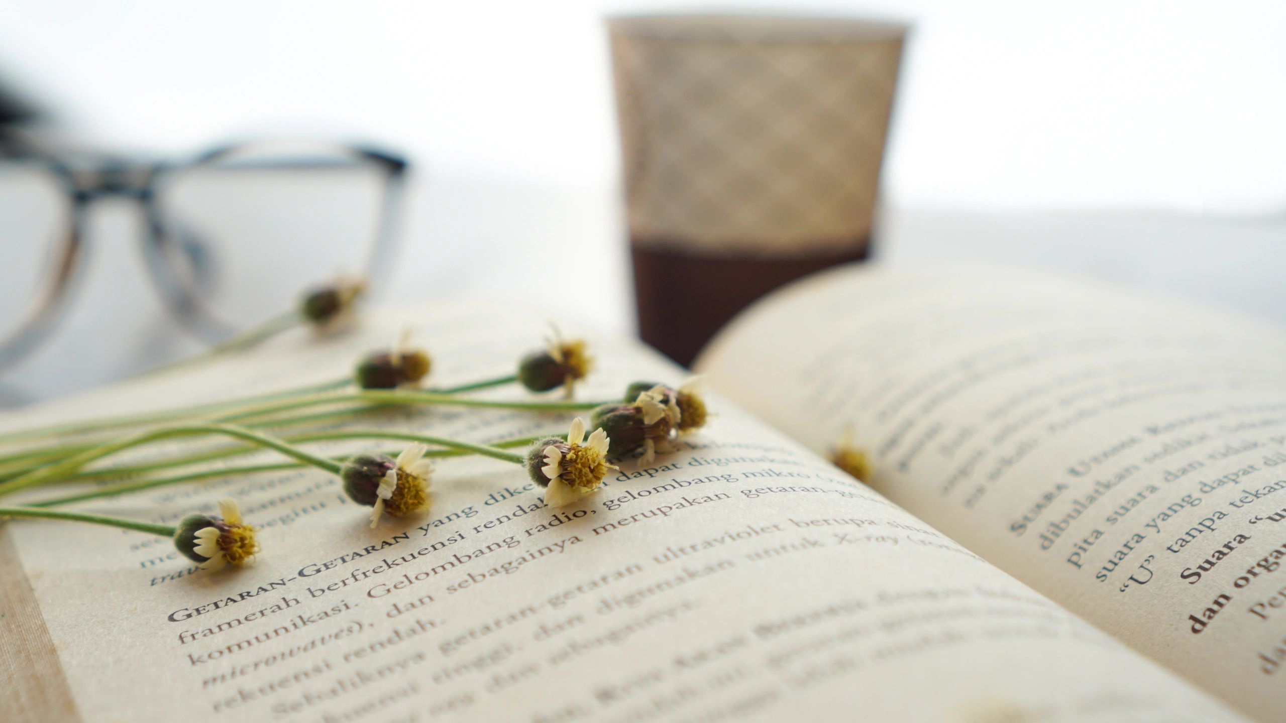 Libro abierto junto a gafas y flores, preparado para una lectura tranquila